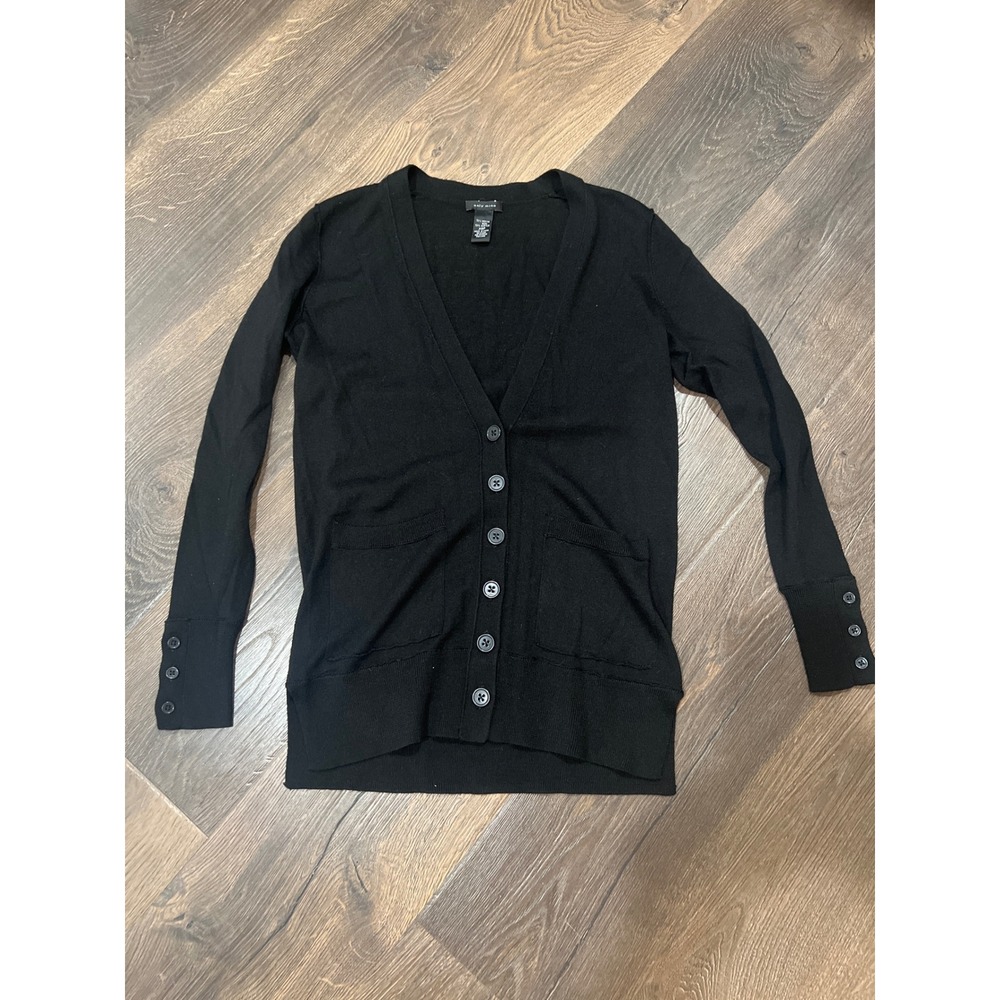 Only Mine Black Merino Wool Blend V-Neck Button Front Cardigan Sweater XSP